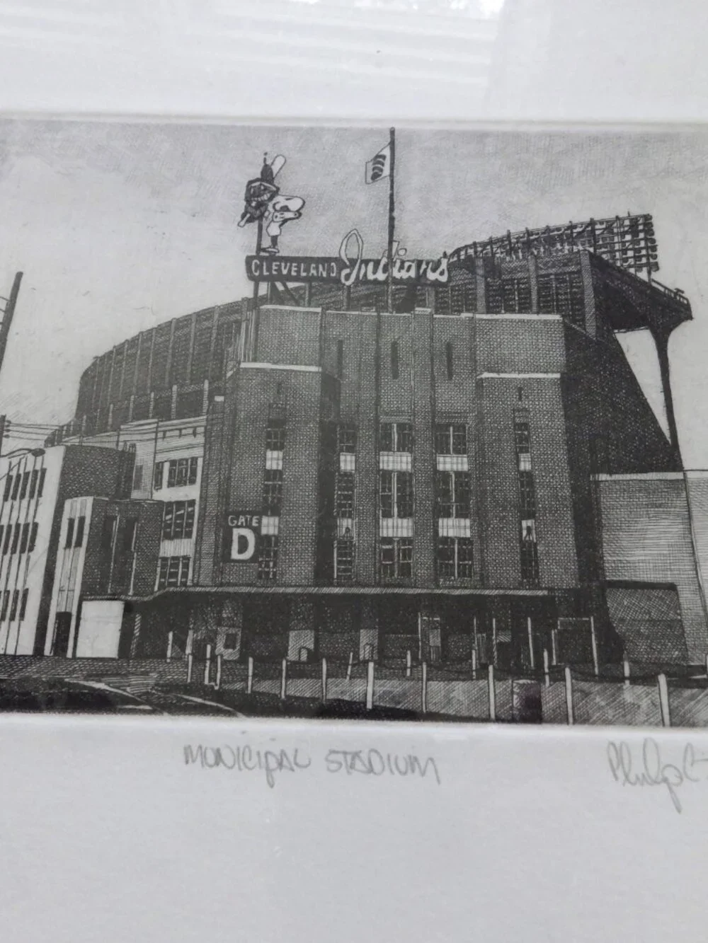 Vintage Framed Cleveland Indians Municipal Stadium Print/ Philip C Thompson 1999